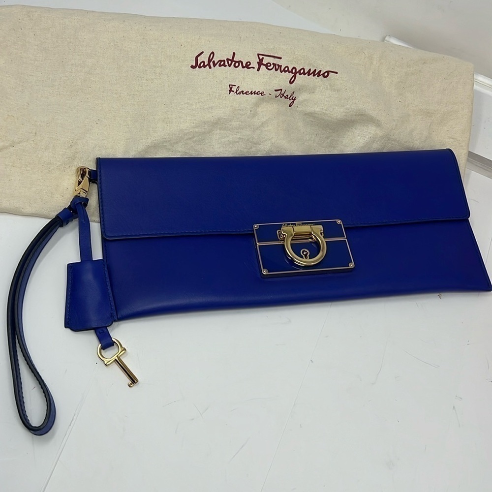 Salvatore Ferragamo Blue Leather Afef Gancio Clutch Wristlet - New Condition